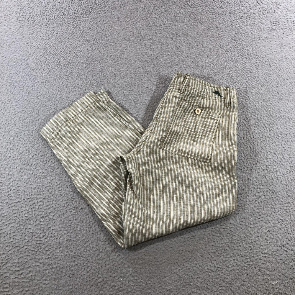 Tommy Bahama Pants Women Sz 0 Green White Striped Chino 100% Linen Summer